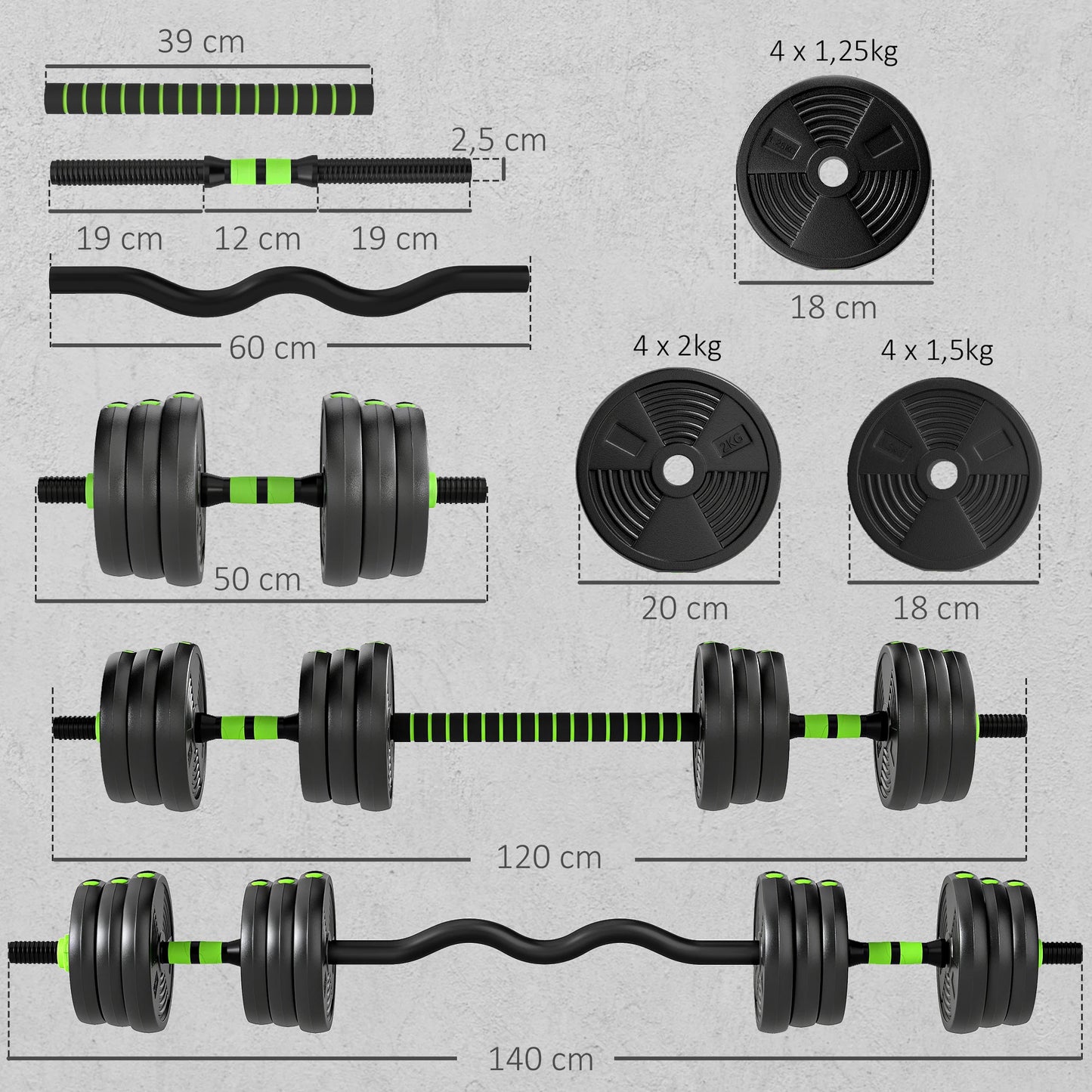 Sportnow 3 in 1 Adjustable Dumbbell Set 20kg, Weight Set with Connecting Bar and Non-Slip Handle, Weights and Dumbbells