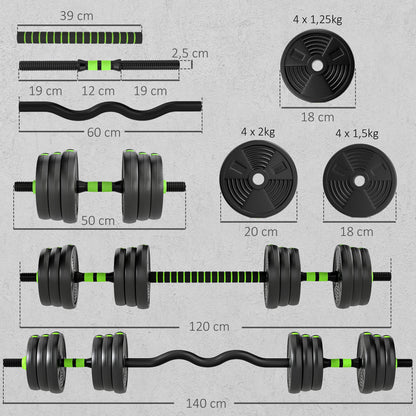 Sportnow 3 in 1 Adjustable Dumbbell Set 20kg, Weight Set with Connecting Bar and Non-Slip Handle, Weights and Dumbbells